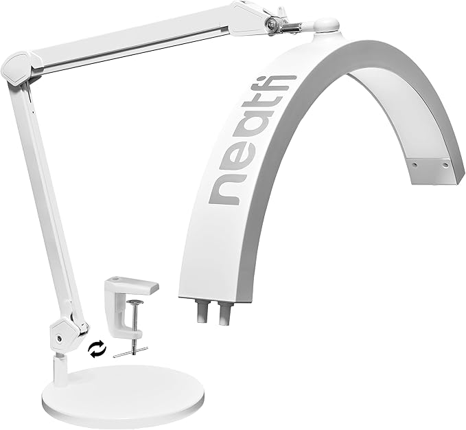 Neatfi Half Moon Swing Arm Table Lamp, 2500 Lumens, CCT Dimming, 5 Light Modes, Professional LED Lighting for Estheticians, Ideal for Nail Art, Facials, and Tattoos (with Base and Clamp, White) - LeafyLoom