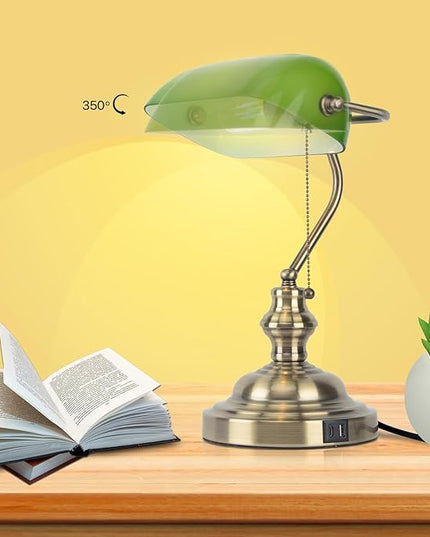 FIRVRE Green Glass Bankers Lamp, Retro Lamp with USB and Type C Charging Ports, Pull Chain Switch Desk Lamp with Brass Base, Vintage Desk Lamp for Home Office Workplace Study Room Bedroom - LeafyLoom