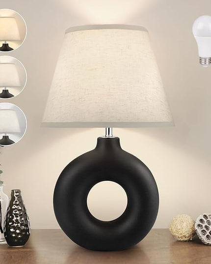 Black Ceramic Table Lamp for Living Room Bedroom, 21" Modern Bedside Lamps with 3 Color Temperature Farmhouse Rustic Table Lamps for Night Stands, Dorm, Office, Home Décor (Bulb Included) - LeafyLoom