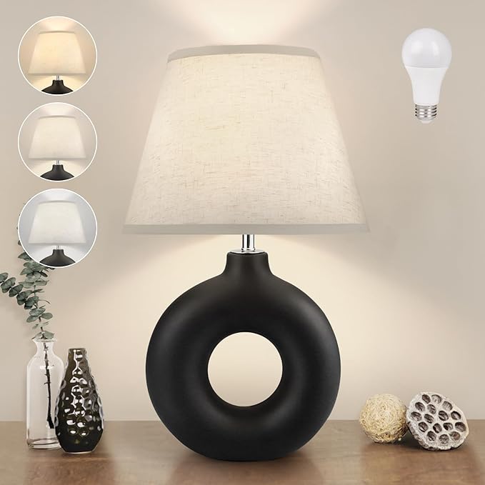 Black Ceramic Table Lamp for Living Room Bedroom, 21" Modern Bedside Lamps with 3 Color Temperature Farmhouse Rustic Table Lamps for Night Stands, Dorm, Office, Home Décor (Bulb Included) - LeafyLoom