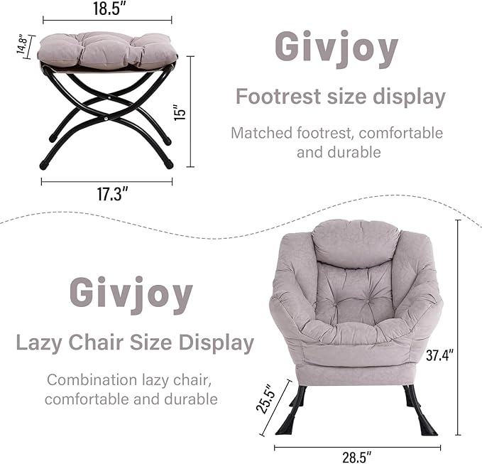 Lazy Chair and Ottoman, Large Accent Lounge Chair with Armrests and a Side Pocket, Modern Leisure Upholstered Sofa Reading Armchair with Footrest for Bedroom, Living Room, Dorm Rooms, Office - LeafyLoom