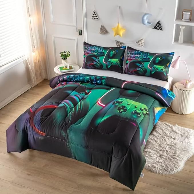 Gamer Comforter Sets for Teen Boys,Gaming Bedding Sets Queen,Video Game Bedspread,Game Gamepad Bed Set,Controller Bedding Gamer Home Decor 3 Piece 1 Comforter and 2 Pillowcases - LeafyLoom