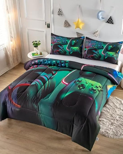 Gamer Comforter Sets for Teen Boys,Gaming Bedding Sets Full,Video Game Bedspread,Game Gamepad Bed Set,Controller Bedding Gamer Home Decor 3 Piece 1 Comforter and 2 Pillowcases - LeafyLoom