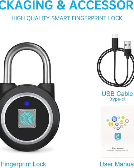 Fingerprint Padlock, Bluetooth Lock, Mobile APP, MEGAFEIS Smart Padlock with Keyless Biometric, Water Resistant, Suitable for Gym, Sports, Bike, School, Fence and Storage(Black) MEGAFEIS