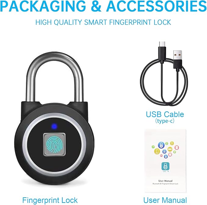 Fingerprint Padlock, Bluetooth Lock, Mobile APP, MEGAFEIS Smart Padlock with Keyless Biometric, Water Resistant, Suitable for Gym, Sports, Bike, School, Fence and Storage(Black) MEGAFEIS
