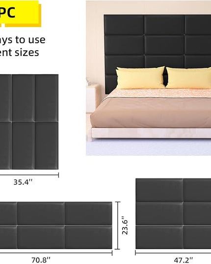 Peel and Stick Headboard for Twin and king in Black Headboard panels for wall, 3D Anti-Collision Wall Panel, Self-Adhesive Bedroom/Living Room Upholstered Wall Panel (6 Panels/11.8" x 23.6") - LeafyLoom