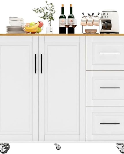 soges Mobile Kitchen Island with Storage and Drop Leaf on Wheels, Rolling Kitchen Island Table Cart with 3 Drawers and Large Storage Cabinets, Spacious Desktop, Adjustable Shelves, White - LeafyLoom