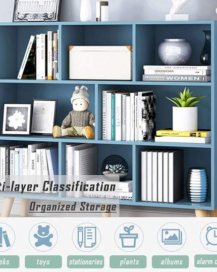 IOTXY Wooden Open Shelf Bookcase - 3-Tier Floorstanding Display Cabinet Rack with Legs, 8 Cubes Free Standing Bookshelf, Bright Blue - LeafyLoom