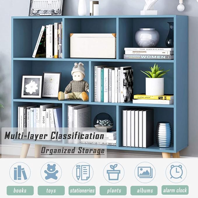 IOTXY Wooden Open Shelf Bookcase - 3-Tier Floorstanding Display Cabinet Rack with Legs, 8 Cubes Free Standing Bookshelf, Bright Blue - LeafyLoom
