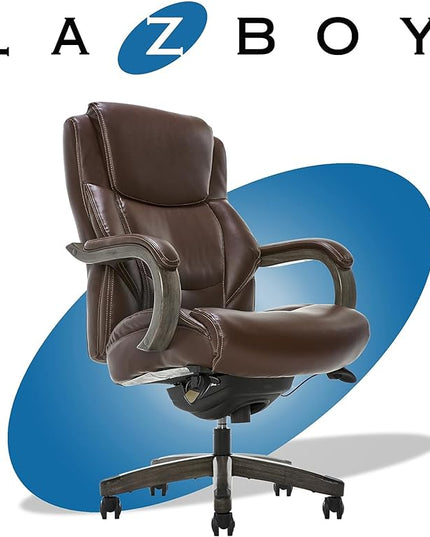 La-Z-Boy Delano Big & Tall Executive Office Chair | High Back Ergonomic Lumbar Support, Bonded Leather, Brown with Weathered Gray Wood | - LeafyLoom