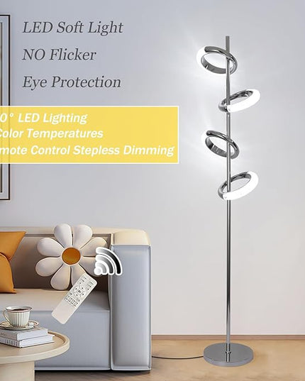 Ganeed LED Floor Lamp for Bedroom,4 Rings 40W Modern Dimmable Standing Lamp,61 in Tall Reading Light Corner Lamp with Remote Control for Living Room Office (3000-6500K/Chrome) - LeafyLoom