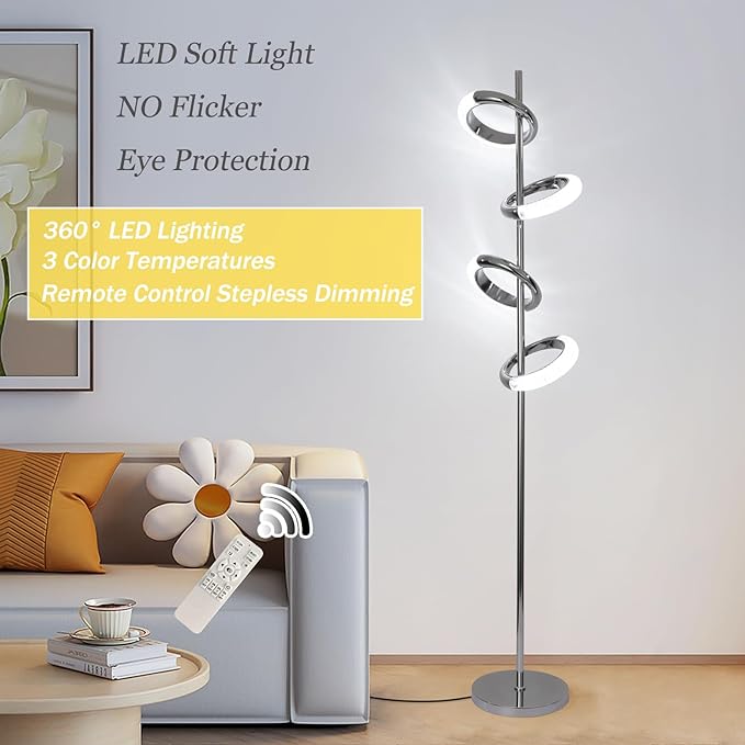 Ganeed LED Floor Lamp for Bedroom,4 Rings 40W Modern Dimmable Standing Lamp,61 in Tall Reading Light Corner Lamp with Remote Control for Living Room Office (3000-6500K/Chrome) - LeafyLoom