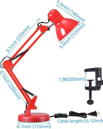TORCHSTAR Metal Swing Arm Architect Desk Lamp with Clamp, Adjustable Gooseneck Table Lamp, Clip Desk Lights for Home Office, Work, Study, Reading, E26 Base, Multi-Joint, Red - LeafyLoom