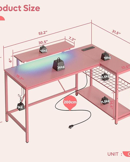 Bestier 52" Gaming Desk with Integrated Power Outlet & USB Ports, L-Shaped Computer Desk with LED Strip & Headphone Hooks, Perfect for Home Office Pink - LeafyLoom