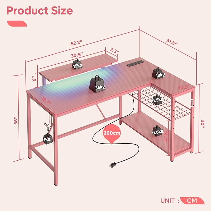 Bestier 52" Gaming Desk with Integrated Power Outlet & USB Ports, L-Shaped Computer Desk with LED Strip & Headphone Hooks, Perfect for Home Office Pink - LeafyLoom