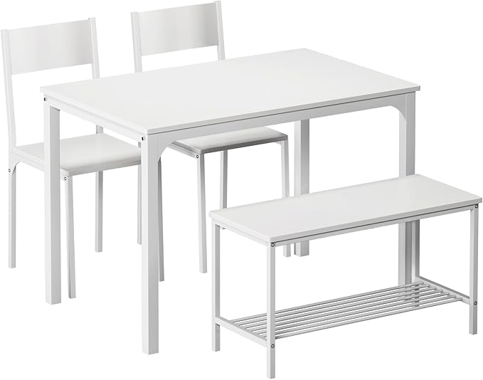 SogesPower Dining Room Table Set 43 Inch Kitchen Table Set with 2 Chairs and Bench, Dining Room Table Set for 4 Home, Kitchen, Dining Room, Restaurant, White - LeafyLoom