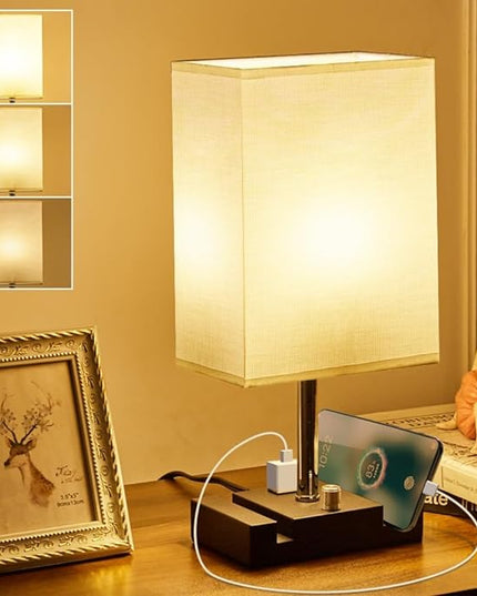 Fully Dimmable Table lamp, Lamps with Two Phone Stands and AC Outlet, Bedside Lamp with Two LED Bulb for Bedroom, Living Room,Study(Set of 2) Light White - LeafyLoom