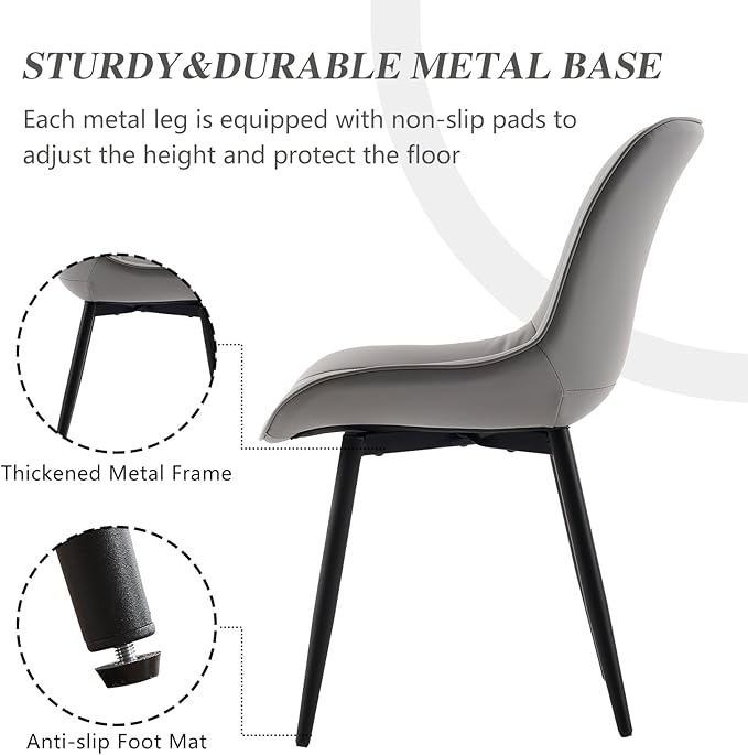 YOUNIKE Grey Dining Chairs set of 2 with High Backs Mid Century Modern Kitchen & Dining Room Chairs PU Faux Leather Upholstered sillas de comedor Comfortable Large Padded Accent Chairs with Metal Legs - LeafyLoom