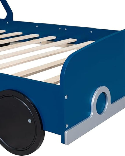 Full Size Car-Shaped Platform Bed with Wheels,Wood Bedframe W/Rails on Both Sides & Slat Support,No Box Spring Needed,Fun Play for Boys Kids Toddlers Child's Bedroom,Blue - LeafyLoom