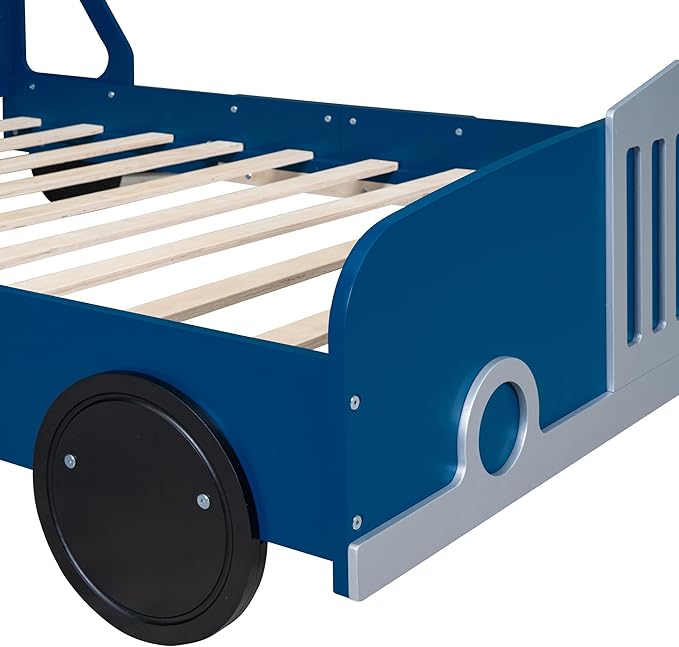 Full Size Car-Shaped Platform Bed with Wheels,Wood Bedframe W/Rails on Both Sides & Slat Support,No Box Spring Needed,Fun Play for Boys Kids Toddlers Child's Bedroom,Blue - LeafyLoom