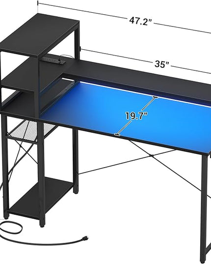 Gaming Desk with Storage, 47'' LED Light Desk, Home Office Computer Desk, Reversible Shelves & Power Outlets, Black - LeafyLoom