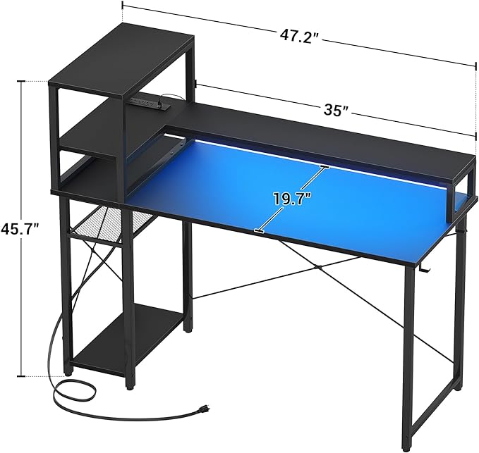 Gaming Desk with Storage, 47'' LED Light Desk, Home Office Computer Desk, Reversible Shelves & Power Outlets, Black - LeafyLoom