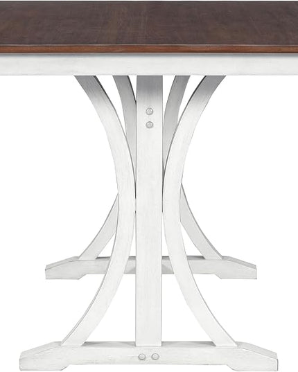6-Piece Mid-Century Dining Set for 6, Trestle Table and 4 Elegant Victorian Round Back Chairs & Bench, for Kitchen Living Room, Cherry+Antique White, 59.8" L x 35.8" W x 30" H - LeafyLoom