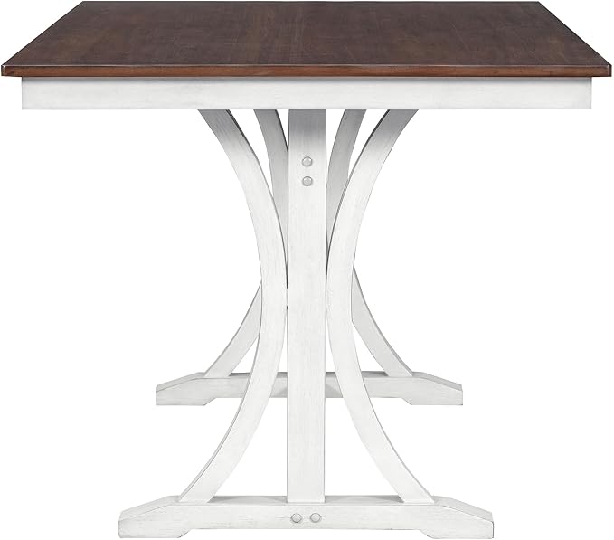 6-Piece Mid-Century Dining Set for 6, Trestle Table and 4 Elegant Victorian Round Back Chairs & Bench, for Kitchen Living Room, Cherry+Antique White, 59.8" L x 35.8" W x 30" H - LeafyLoom