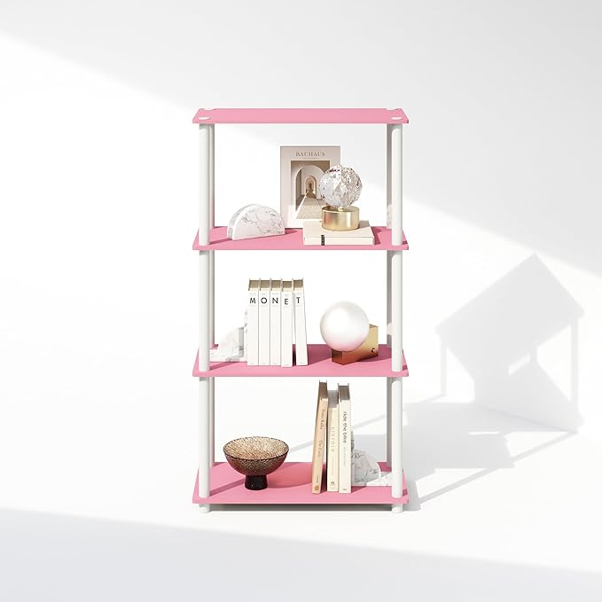 Furinno Turn-N-Tube 4-Tier Multipurpose Shelf Display Rack, Shelving Unit, Bookcase, Pink/White - LeafyLoom