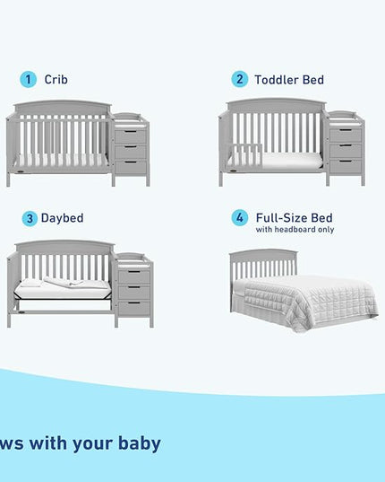 Graco Benton 5-in-1 Convertible Crib and Changer (Pebble Gray) – Crib and Changing Table Combo, Includes Water-Resistant Changing Pad, 3 Drawers, Converts to Toddler Bed, Daybed and Full-Size Bed - LeafyLoom