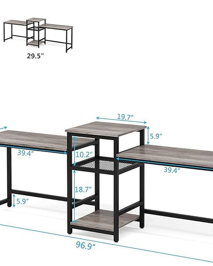 Tribesigns Extra Long Two Person Desk with Storage Shelves, 96.9 inch Double Computer Desks with Printer Shelf for 2 People, Rustic Writing Desk Workstation for Home Office - LeafyLoom