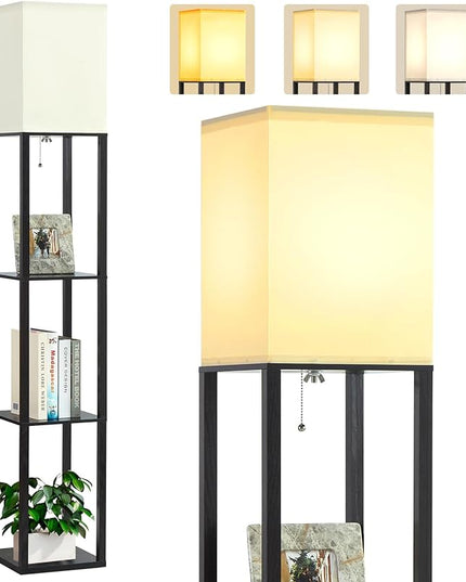 Floor Lamp with Shelves, 3-Tier Modern Floor Lamps for Living Room, Standing Lamp with 3 Color Temperature Bulb, Wooden Shelf Lamp Living Room Lamps, Black Floor Lamp for Bedroom,Living Room,Office - LeafyLoom