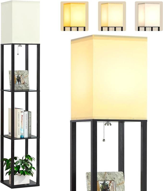 Floor Lamp with Shelves, 3-Tier Modern Floor Lamps for Living Room, Standing Lamp with 3 Color Temperature Bulb, Wooden Shelf Lamp Living Room Lamps, Black Floor Lamp for Bedroom,Living Room,Office - LeafyLoom