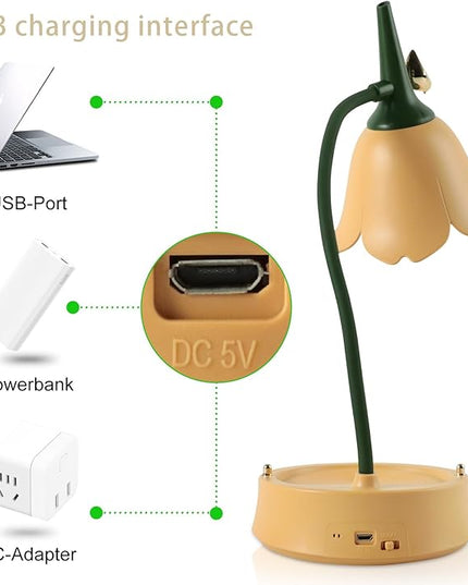 Himmel Flower Desk Lamp, Dimmable LED Kid Desk Lamp with 3 Colour Temperatures,Cordless Rechargeable Desk Lamp with Touch Sensor and Flexible Arm, USB Bedside Lamp for Reading, Learning - LeafyLoom