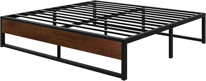 SHA CERLIN 14'' King Size Metal Platform Bed Frame with Rustic Wood & Reverse Holes/Ample Under-Bed Storage Space/Mattress Foundation/No Box Spring Needed/Easy Assembly - LeafyLoom