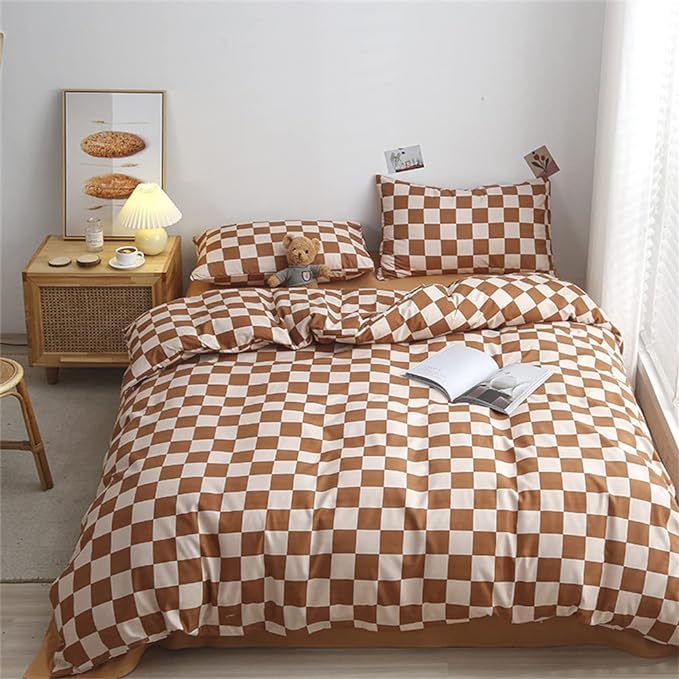 Wellboo Light Brown Plaid Comforter Sets Twin Women Men Cream Coffee and White Checkerboard Grid Bedding Comforters Cotton Boys Girls Modern Light Taupe Checkered Geometric Quilts Luxury Abstract Bed - LeafyLoom