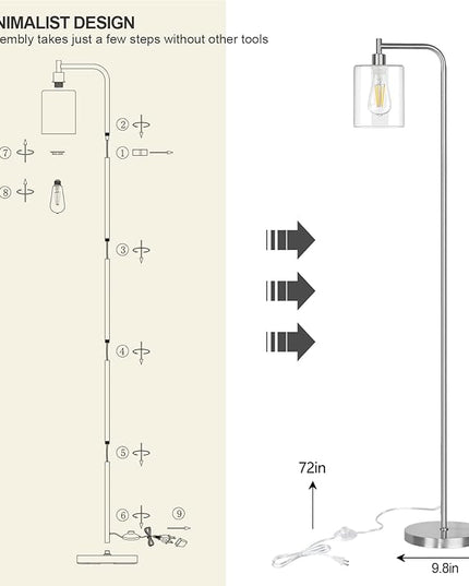 QiMH Industrial Floor Lamp for Living Room, Modern Standing Lamp with HD Glass Lampshade and Pedal Switch, 67” Tall Pole Light for Bedroom Study Room, Brushed Silver (2700K LED Bulb Included) - LeafyLoom