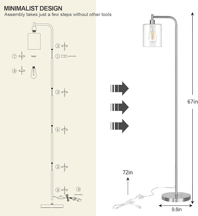 QiMH Industrial Floor Lamp for Living Room, Modern Standing Lamp with HD Glass Lampshade and Pedal Switch, 67” Tall Pole Light for Bedroom Study Room, Brushed Silver (2700K LED Bulb Included) - LeafyLoom