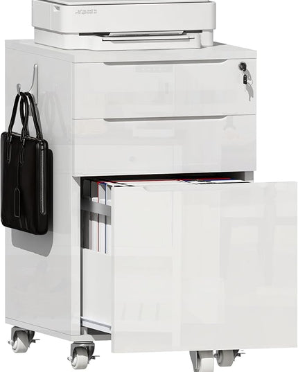 ChooChoo High Gloss File Cabinet with Lock,3 Drawer Rolling Filing Cabinet Fits Legal Size/A4/Letter, Under Desk File Cabinet with Hook for Home Office,White - LeafyLoom
