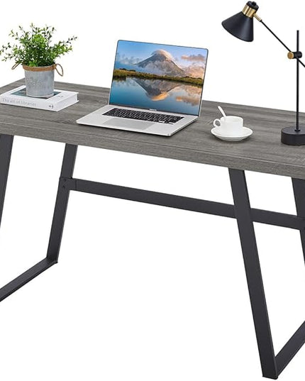 BON AUGURE 55 inch Modern Writing Desk, Rustic Computer Desk for Home Office, Sturdy Simple Wood and Metal Desk, Industrial Work Study Table (Dark Grey Oak) - LeafyLoom