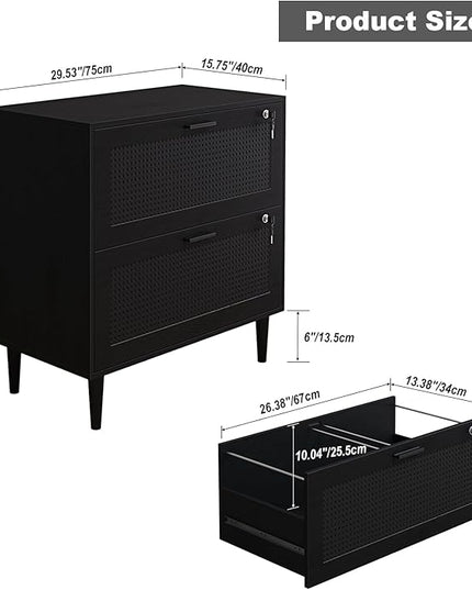 2 Drawer File Cabinet, Lateral File Cabinet with Lock, Rattan Wood Filing Organization Cabinet for Home Office, Black - LeafyLoom