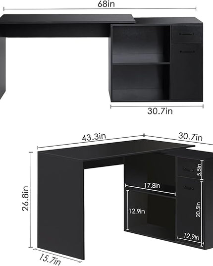 L-Shaped Rotating Computer Desk with Storage Shelves 68 inch Home Office Desk Corner with Drawers and File Cabinet Multipurpose Study Writing Table for Bedroom Small Space Black - LeafyLoom