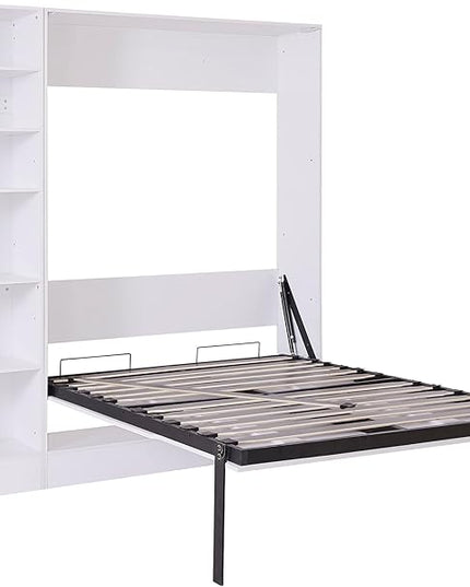 Merax, White Full Size Murphy Bed Wallbed with Sofa,Side Storage Shelves,Space Saving,for Guest Living Room - LeafyLoom