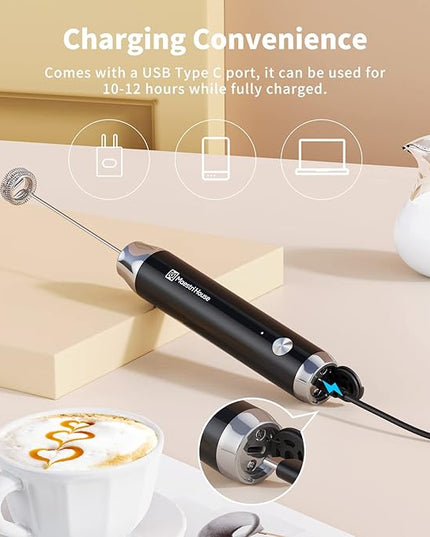 Maestri House Rechargeable Milk Frother with Stand, Handheld Electric Foam Maker Waterproof Detachable Stainless Steel Whisk Drink Mixer Foamer for Lattes, Cappuccino - LeafyLoom