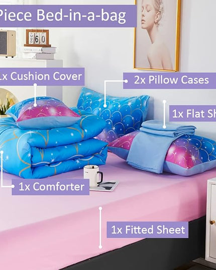 URBONUR 6 Pcs Mermaid Comforter Set Twin Size Gradient Pink and Blue Twin Bedding Sets for Girls/Kids/Teen, Colorful Glitter Printed Bed in a Bag Comforter with Sheet Set - LeafyLoom