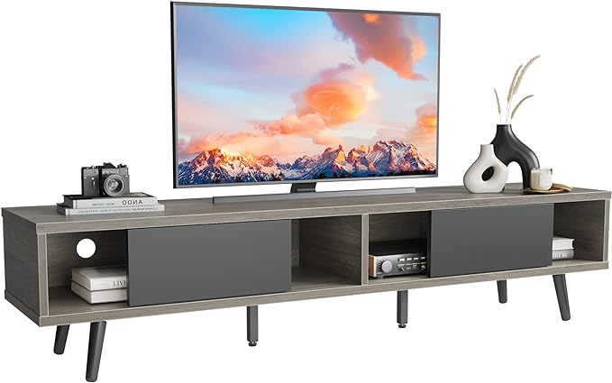Bestier 70 inch Mid Century Modern TV Stand for 75 inch TV, Low Profile TV Stand with Storage, Entertainment Center for Living Room, Cord Management, Gray Wash - LeafyLoom
