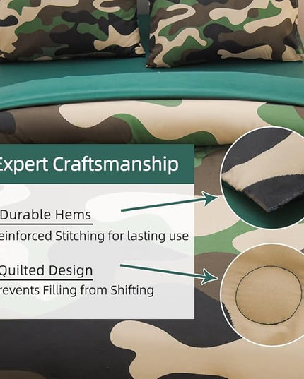 Meeting Story Camouflage Bedding Set, Green Camouflage Comforter Set, 5 PCS One Comforter and Two Pillowases, All Season Soft Bedspread for Boys Teens Adults (Green, Twin 5Pcs) - LeafyLoom