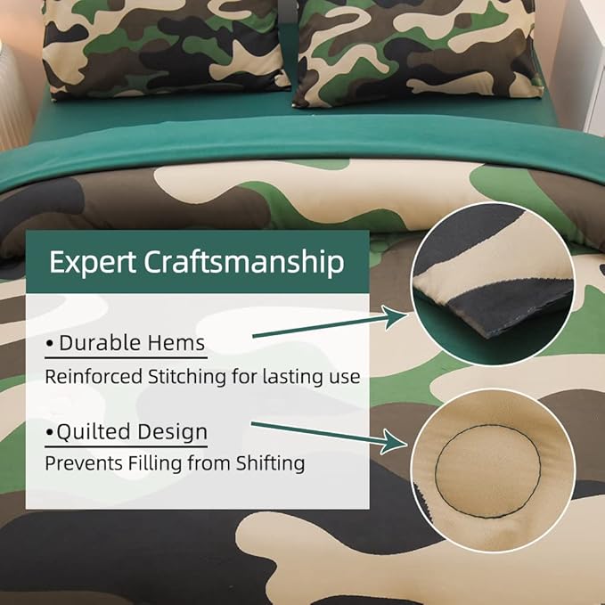 Meeting Story Camouflage Bedding Set, Green Camouflage Comforter Set, 5 PCS One Comforter and Two Pillowases, All Season Soft Bedspread for Boys Teens Adults (Green, Twin 5Pcs) - LeafyLoom