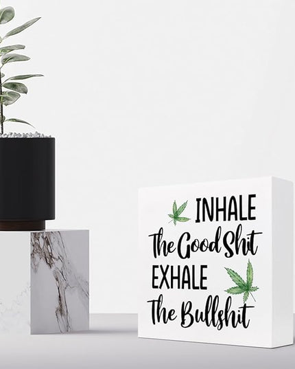 Funny Office Wood Sign,Inhale Exhale Meditation Quote Wood Block Sign Desk Decor,Funny Wooden Box Plaque Sign Desk Decor for Home Yoga Room Meditation Space Shelf Table Decorations - LeafyLoom