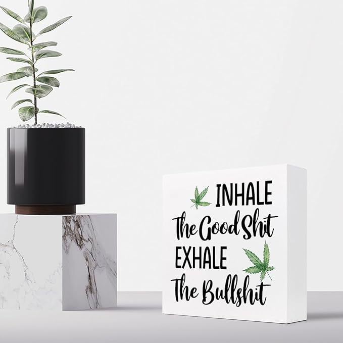 Funny Office Wood Sign,Inhale Exhale Meditation Quote Wood Block Sign Desk Decor,Funny Wooden Box Plaque Sign Desk Decor for Home Yoga Room Meditation Space Shelf Table Decorations - LeafyLoom